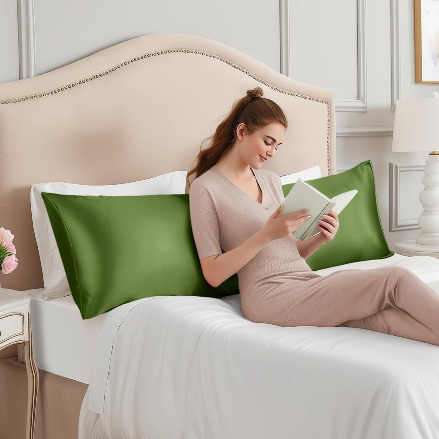 INFIIXSO Body Pillow Cover with Zipper, Luxury Mulberry Silk Body Pillow Case 20x54 Inches, Ultra Smooth and Soft Cooling Long Pillowcase, Gift for Women, Men(Cedar Green)