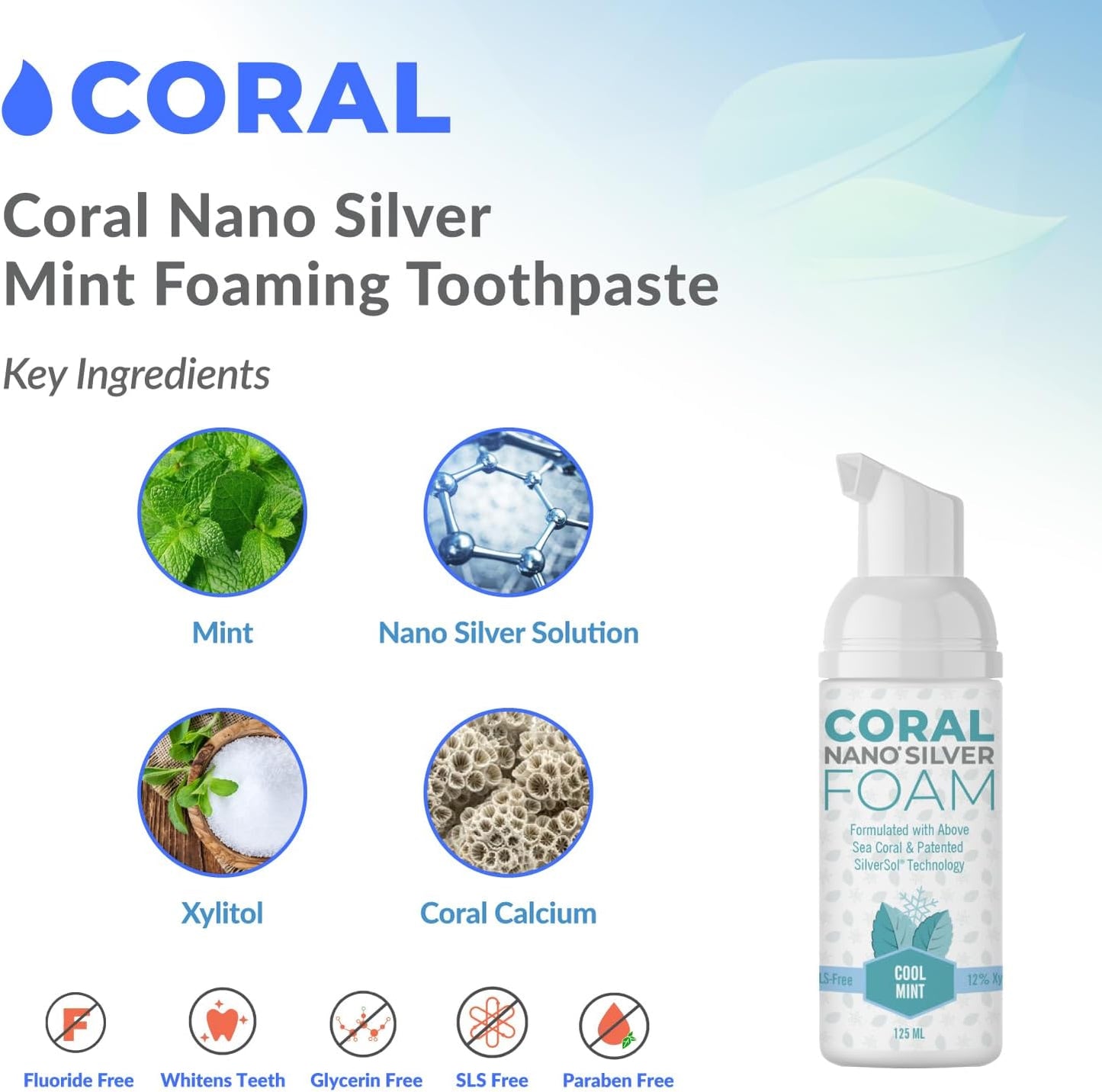 Coral Nano Silver Foaming Toothpaste, Natural Fluoride Free Toothpaste, SLS and Glycerin Free, Cool Mint, 4 Ounce