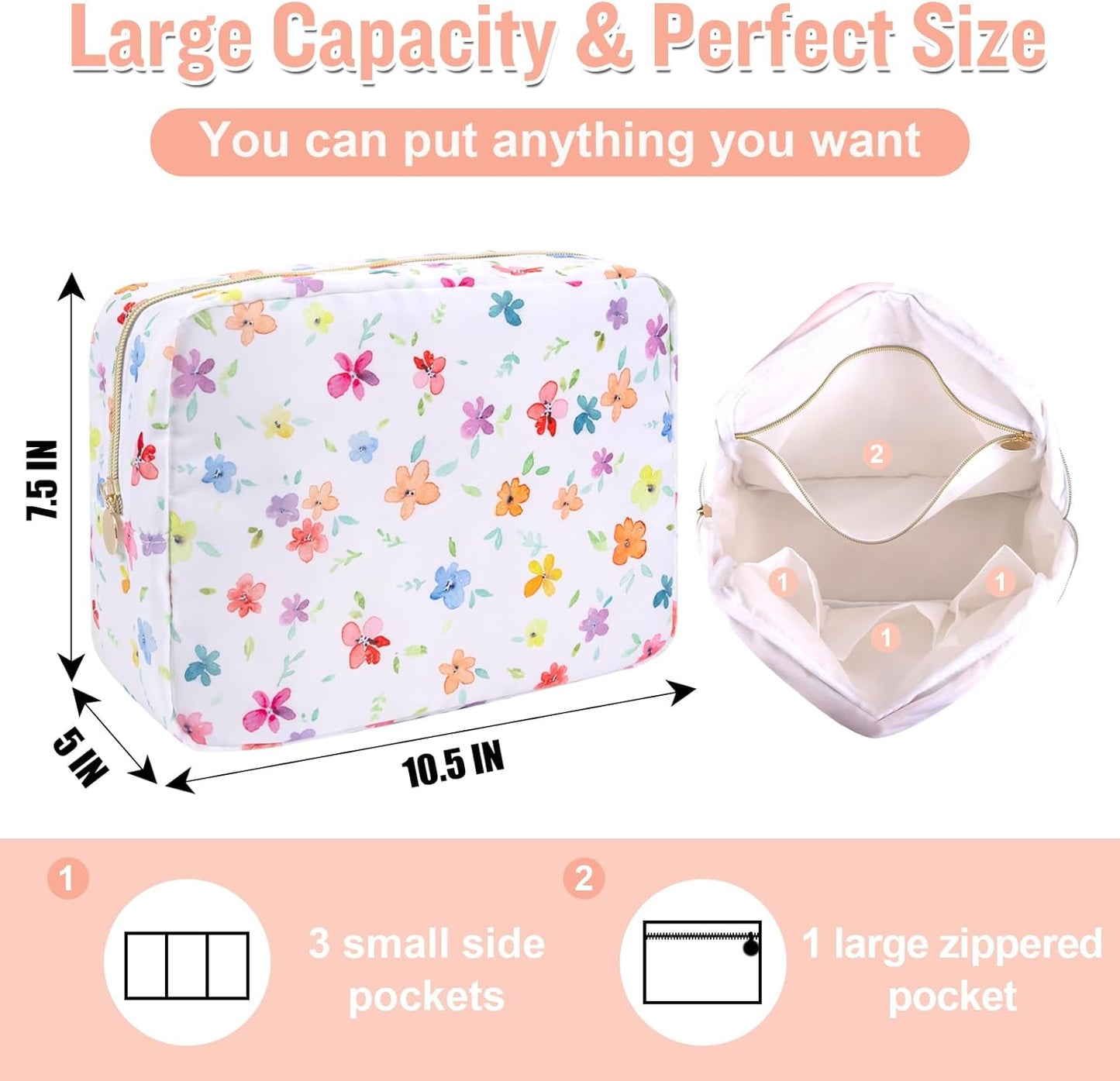 Nylon Large Floral Makeup Organizer Bag, Preppy Big Cute Flower Cosmetic Zipper Pouch Multi-compartment with Dividers, Waterproof Toiletry Makeup Brushes Bag Travel Essentials for Women(White-Flower)