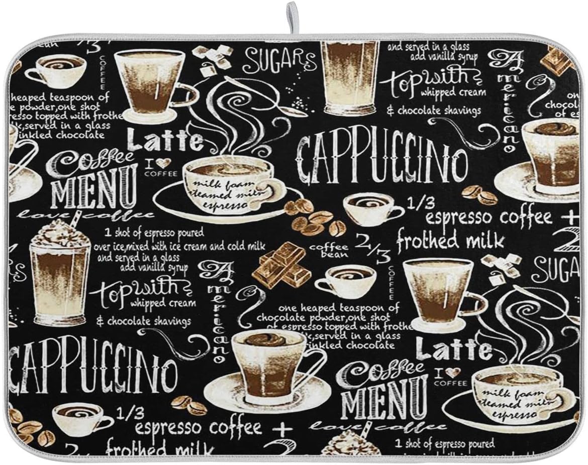 Coffee Black Dish Drying Mat for Kitchen Coffee Beans Maker Cappuccino Latte Chocolate Microfiber Drying Mats Absorbent Reversible Dish Pad Large Dish Draining Mat 18x24 inch