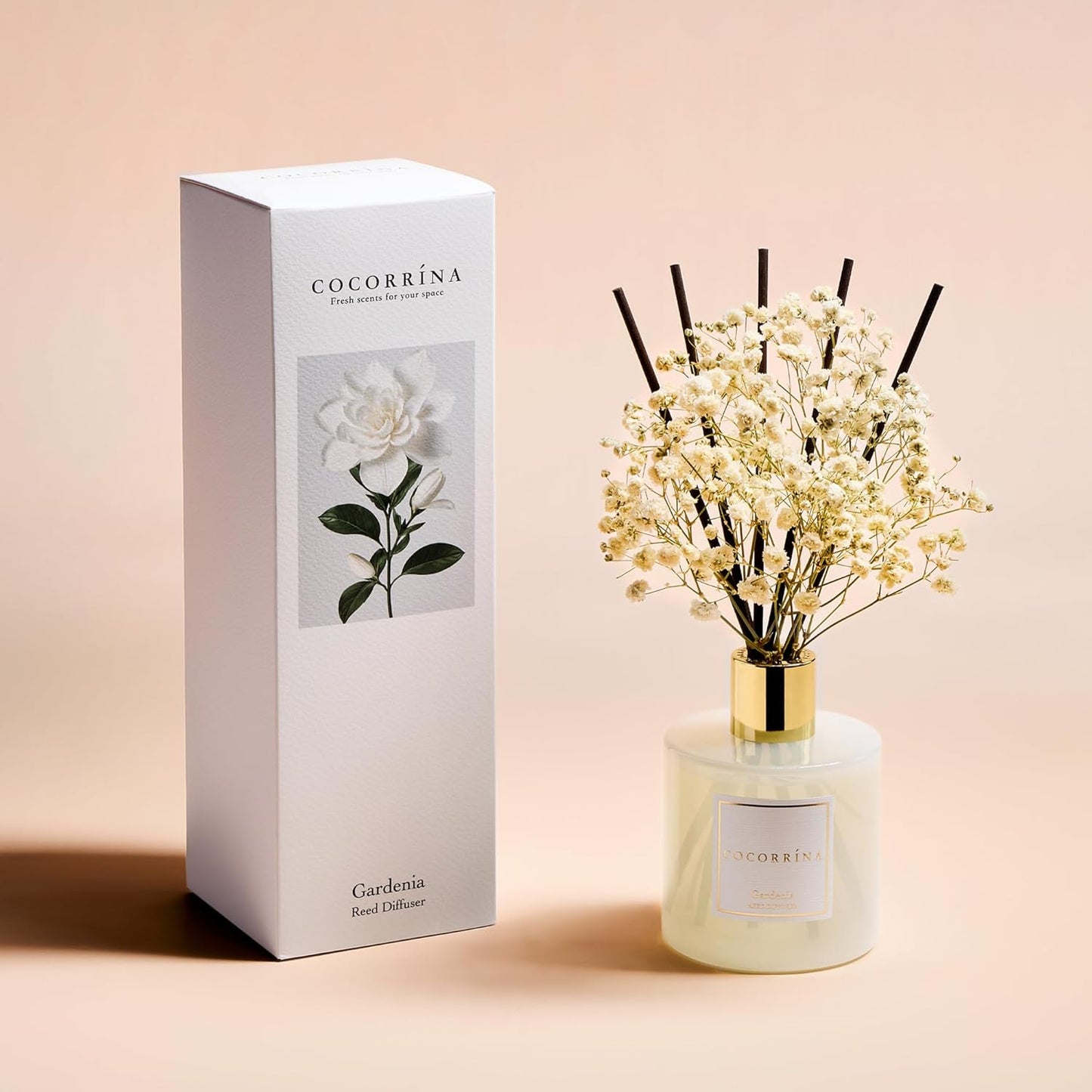 COCORRÍNA Reed Diffuser - Gardenia 6.7 Fl.oz Reed Diffuser Set with Sticks & Preserved Baby's Breath, Reed Diffuser for Home Bathroom Shelf Decor