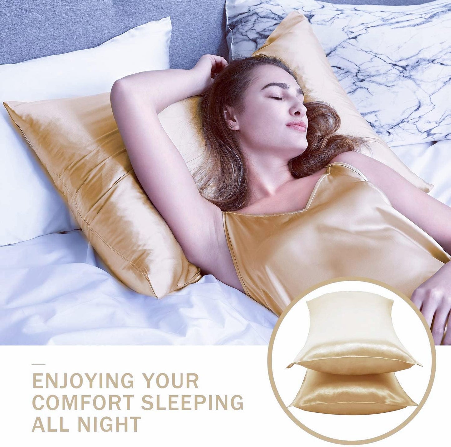 JUWENIN,Luxury Satin Pillowcase with Zipper (Silky Satin Pillow Case for Hair) Set of 2 (Standard, Gold)