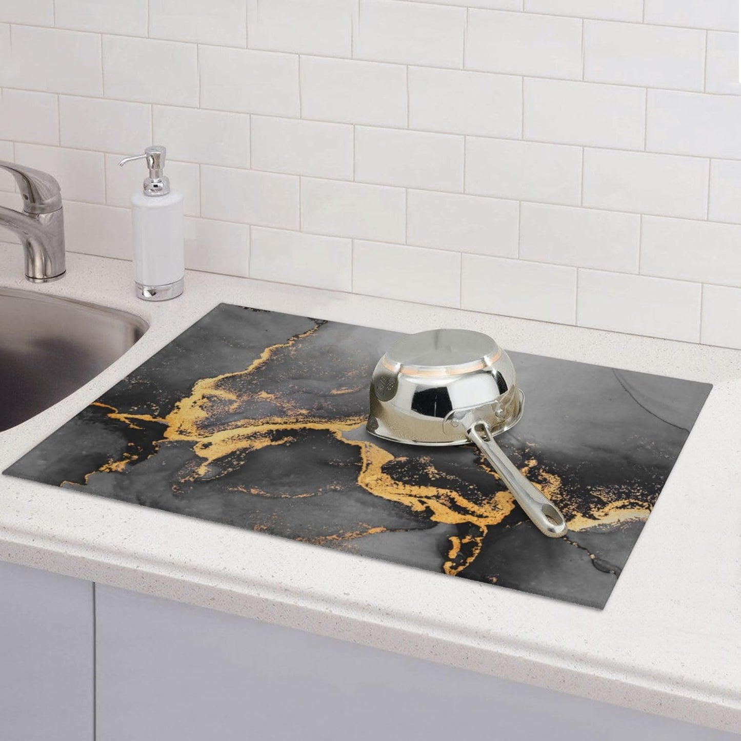 Black Gray Gold Marble Kitchen Drying Mat Abstract Modern Microfiber Dish Drainer Mat for Kitchen Counter Absorbent Reusable Washable 18x24 Inch