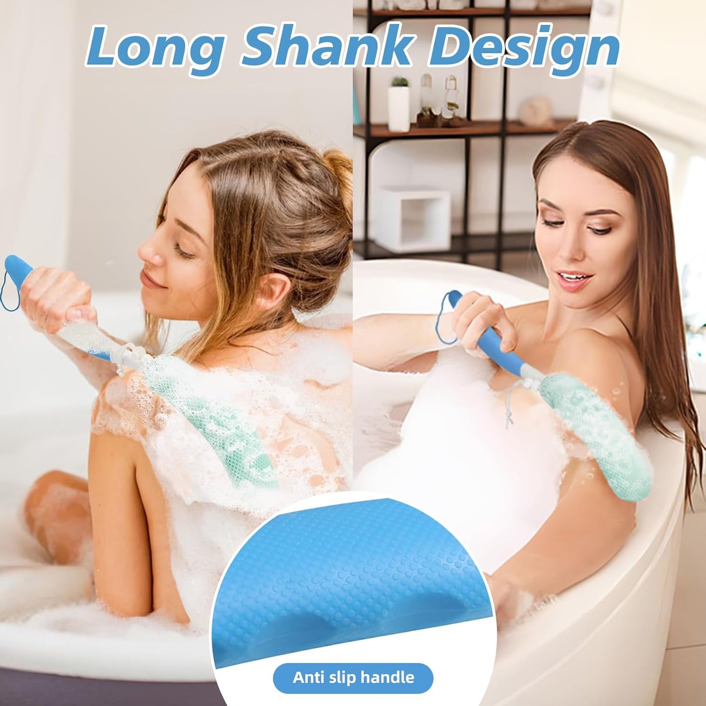 Back Scrubber for Shower，Mesh Sponge Body Shower Brush with Long Handle for Use in Shower Back Scrubber,Back Scrub for Exfoliating Body Scrubber (Blue and Green)