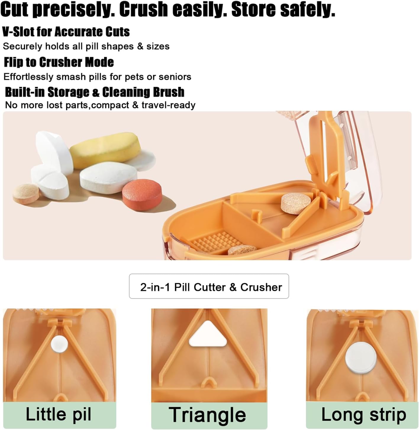 Clear Pill Cutter & Crusher – Precision Tablet Splitter with Safety Blade Guard, Pill Storage and Built-in Cleaning Brush – for Small and Large Pills, Travel Ready (Transparent Brown)