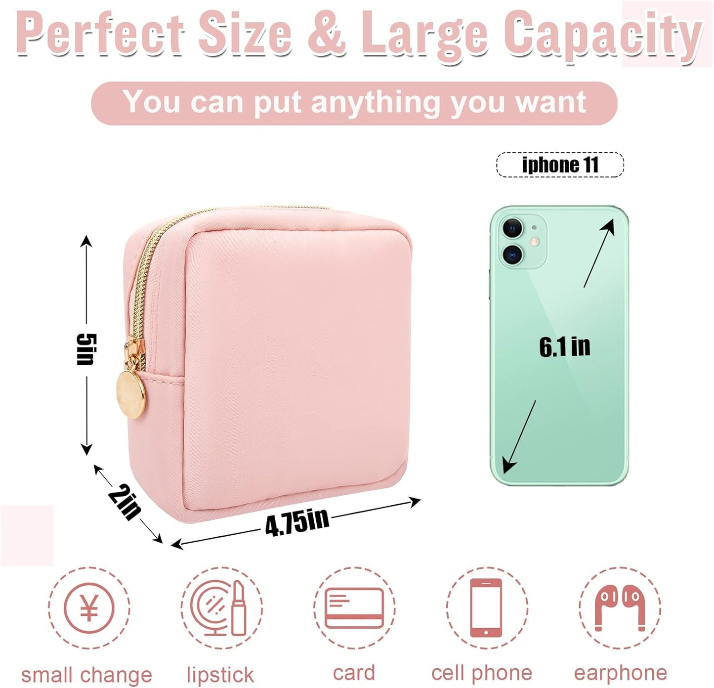 Nylon Mini Makeup Bag for Purse, Preppy Small Cute Pink Makeup Bag Cosmetic Zipper Pouch Purse, Waterproof Travel Coin Pouch Sanitary Napkin Storage Bag Clutch Makeup Organizer for Women Girls(Pink)