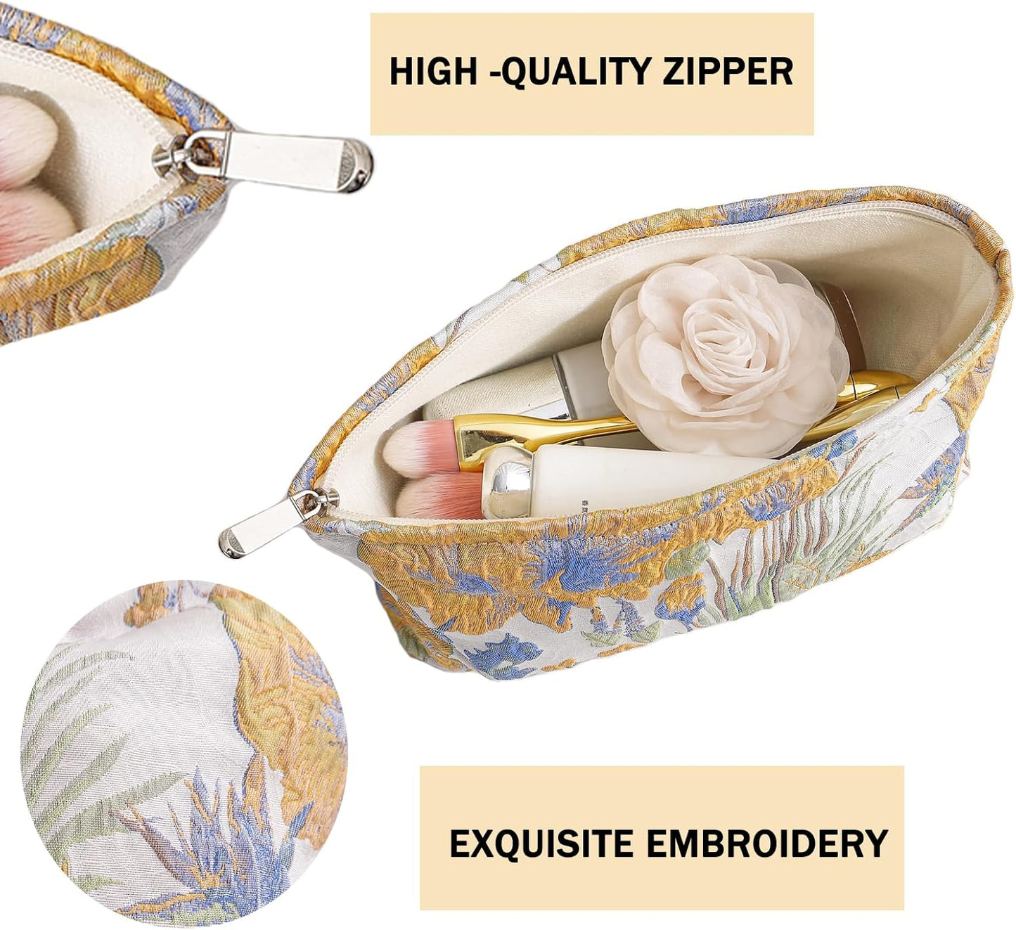2 Pcs Makeup Bags, Large Cosmetic Bag Travel Toiletry Bag Organizer for Women, Embroidery Craft, Floral Makeup Bag Small Cosmetic Pouch Purse with Zipper Gifts for Girls Teen