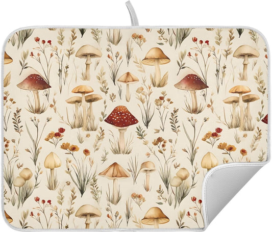 Mushroom Fall Forest Dish Drying Mats for Kitchen Counter, 18x24 inch Drying Dishes Absorbent Microfiber Dish Drainer Mat Rack Pad Fast Dry