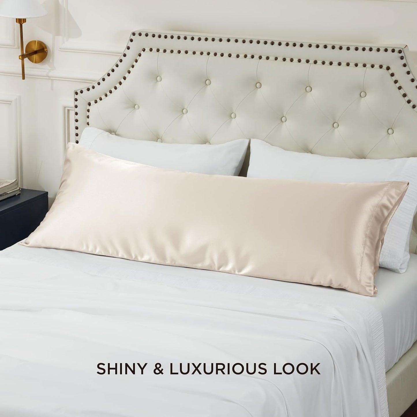 Bedsure Body Pillow Cover 20x54 Inches - Beige Satin Similar to Silk Pillowcase for Hair and Skin, Cooling and Silky Long Body Pillow Pillowcase with Envelope Closure, Gifts for Women Men