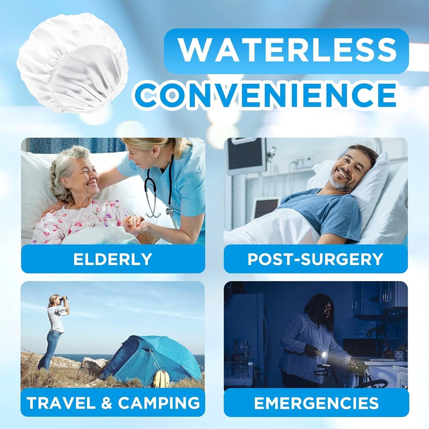 OK TAPE No Water Shampoo Caps (6 Pack) 3 Scents, Rinse Free Shower Cap for Elderly, After Surgery, Camping, Shampoo and Conditioner Hair Wash Cap (Jasmine, Vanilla and Bellflower Scents)