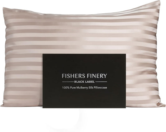 Fishers Finery 30mm 100% Pure Mulberry Silk Pillowcase, Quality Tested (Taupe Stripe, King)