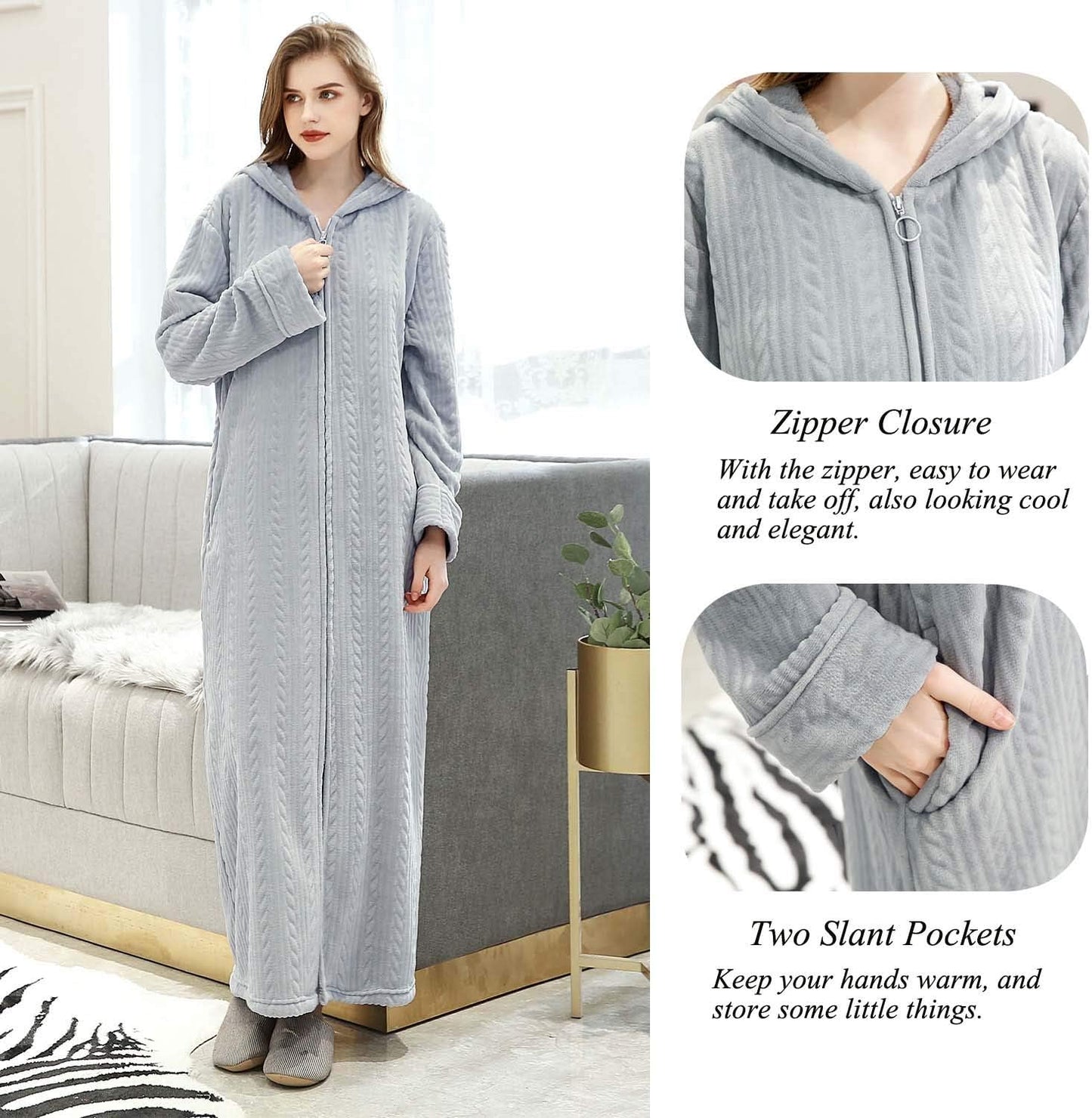 Hellomamma Long Hooded Zipper Bathrobe for Womens Flannel Fleece Robes Winter Warm Housecoat Nightgown Sleepwear Pajamas