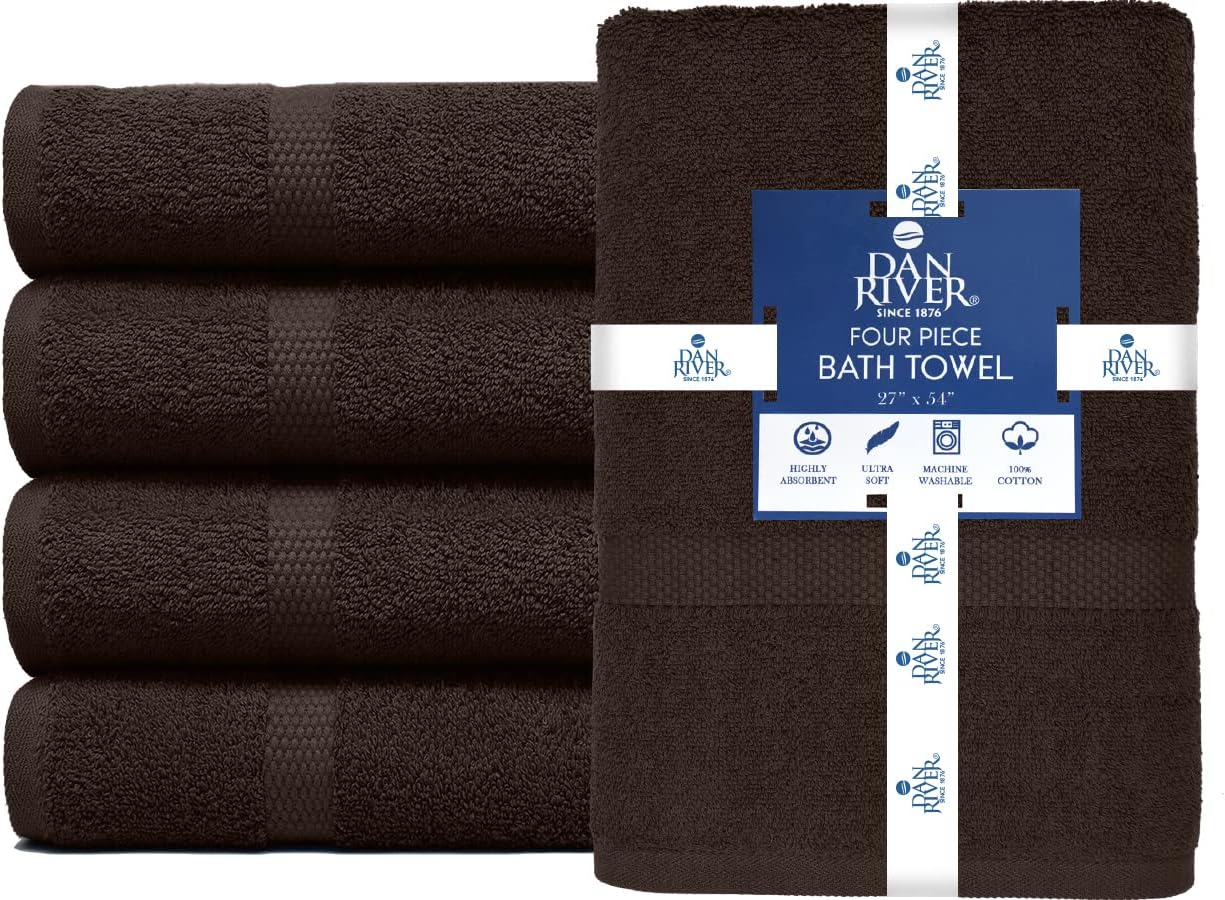 DAN RIVER Bath Towels Set of 4, 27 x 54 Inches, 100% Cotton, Larger & Lighter Weight, Quicker to Dry, Super Soft and Absorbent, Ideal Bathroom Towels for Daily Use, Brown