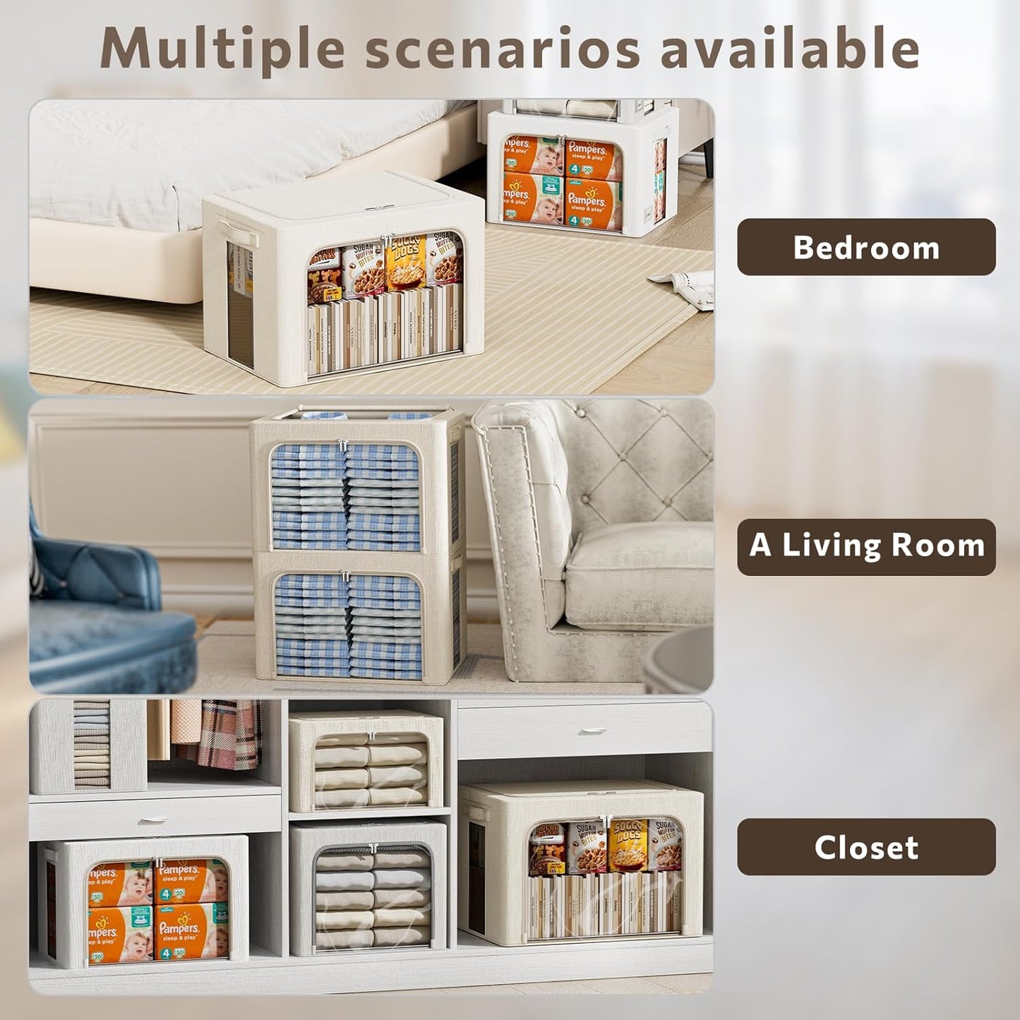 FHSQX 6 Pack Clothes Storage Bins with Metal Frame Foldable Storage Bins for Clothes Linen Fabric Storage Box with Clear Window (Lvory White, 15.7x11.8x7.8inch(22L))