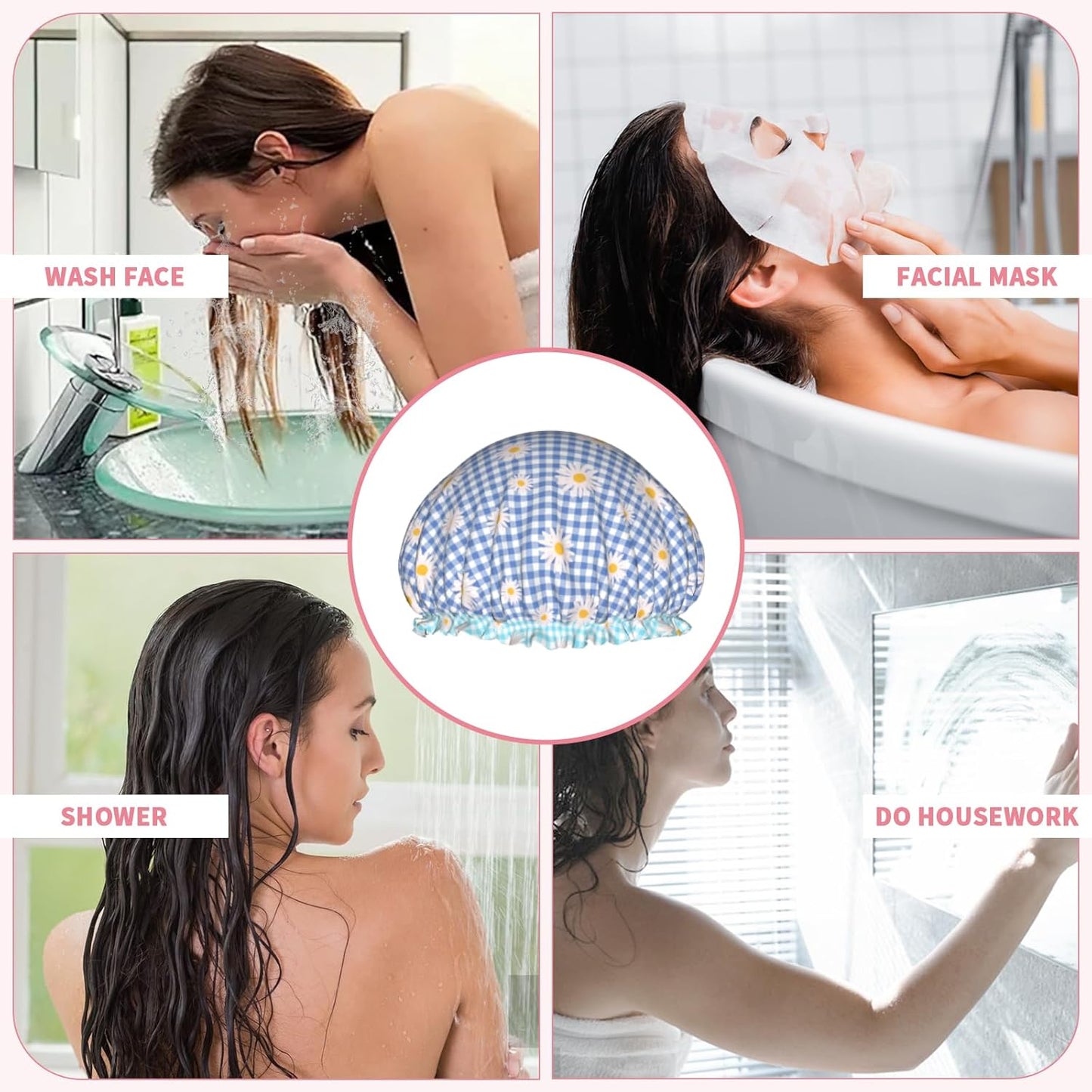 Blue Checkered Shower Caps for Women Daisy Flower Double Waterproof Layers Bath Hat Elastic Reusable Hair Cap for Shower Cooking Clean Makeup