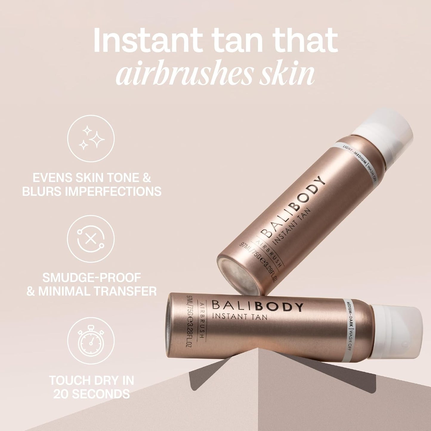 Bali Body Instant Tan Light-Medium | Skin Perfecting Aerated Spray, Instantly Flawless Airbrushed Bronzed Finish | Soothing for All Skin Types | Vegan, Cruelty Free, Australian Made (97 ml/3.28 fl oz)