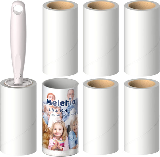 MELERIO Lint Rollers 6 Refills Full 420 Sheets with 1 Protective Cover Holder,1 Handle with 6 Extra Sticky Lint Roller Set for Clothes, Sofa, Bed, Carpet, Lint Roller for Pet Cat Hair Dog Hair, Dust