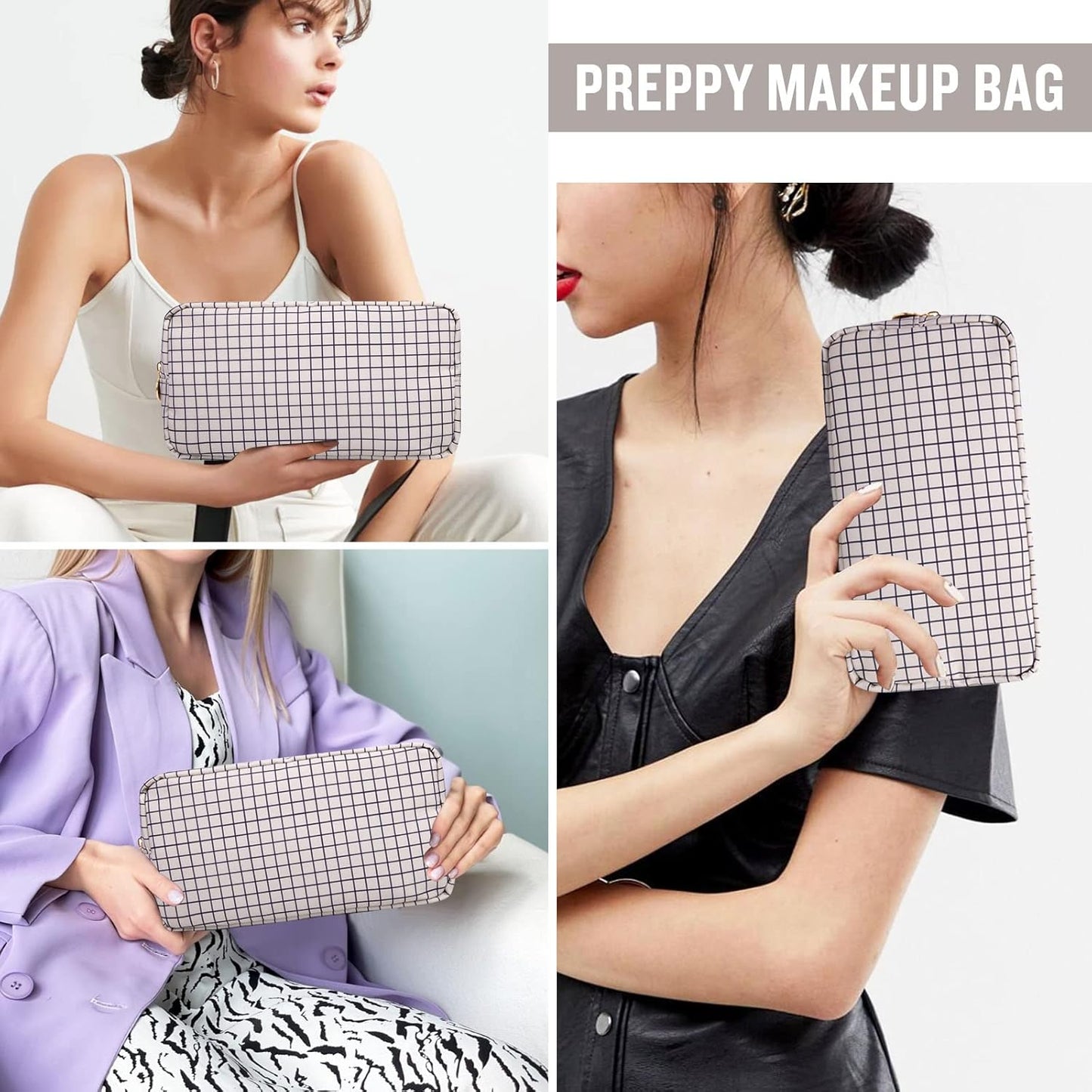 Nylon Small Makeup Bag for Purse, Cute Checkered Makeup Bag Preppy Cosmetic Zipper Pouch Purse, Waterproof Portable Travel Toiletry Bag Clutch Make Up Brush Bag Organizer for Women Girls(Checkered)