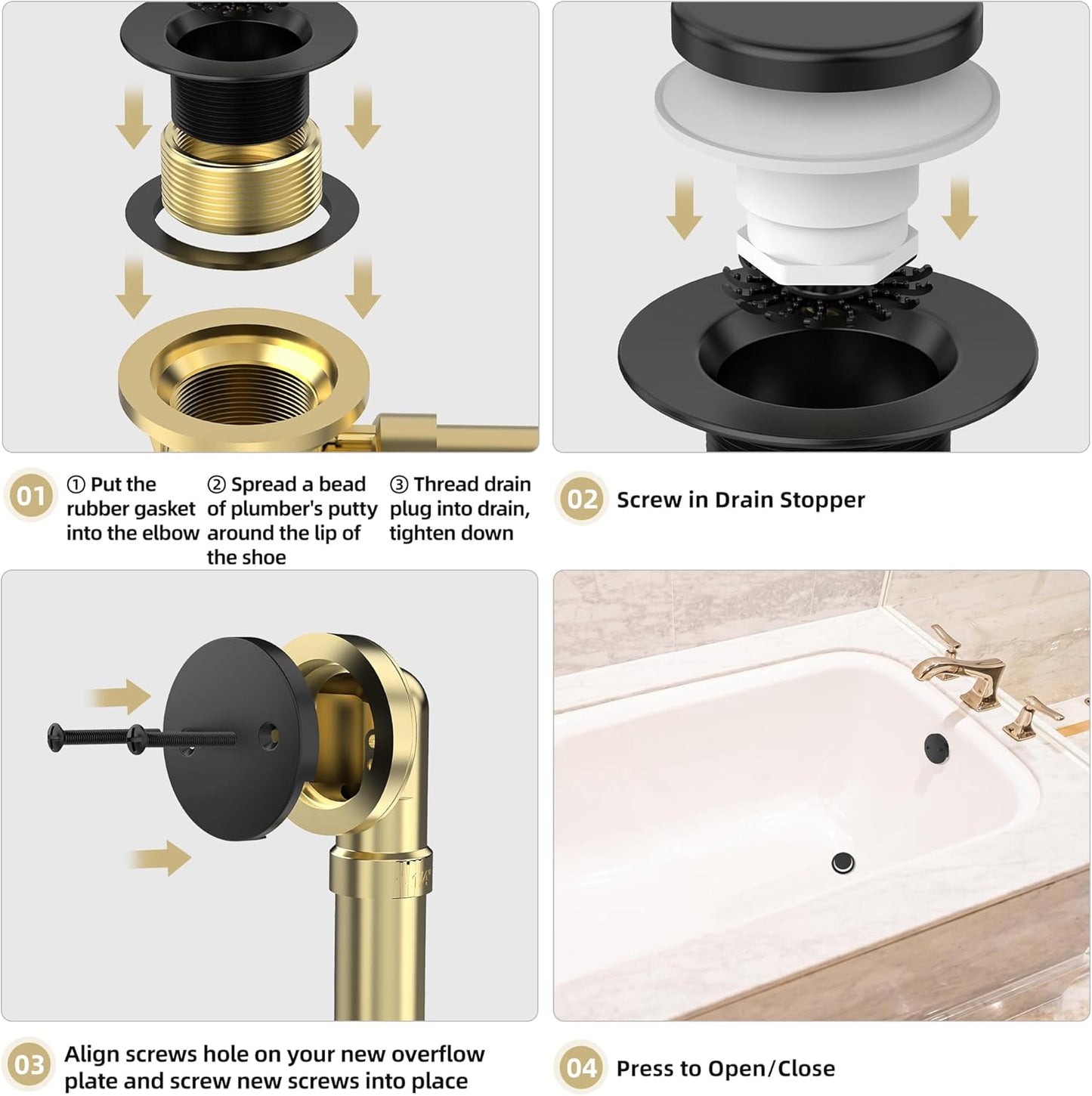 Matte Black Tub Drain Kit with Hair Catcher, Premium Brass Tip-Toe Bathroom Tub Drain Replacement and 2-Hole Overflow Faceplate, 11.5/16 UNC Bathtub Drain Stopper Assembly