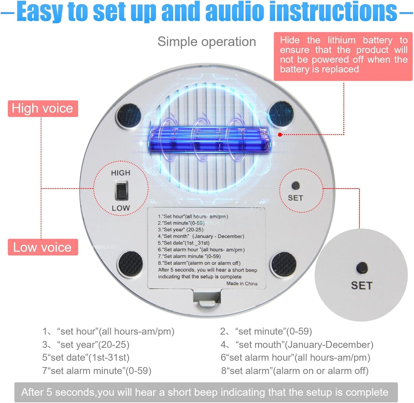 Large Talking Button Clock, Talking Alarm Clock with Volume Control Telling Time and Day of The Week Alarm Gift Clock for Mother Father Seniors Elderly Blind People - (Red and Silver)