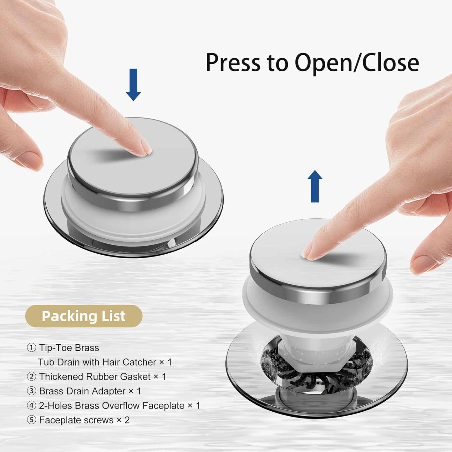 Chrome Plated Tub Drain Kit with Hair Catcher, Premium Brass Tip-Toe Bathroom Tub Drain Replacement and 2-Hole Overflow Faceplate, 11.5/16 UNC Bathtub Drain Stopper Assembly