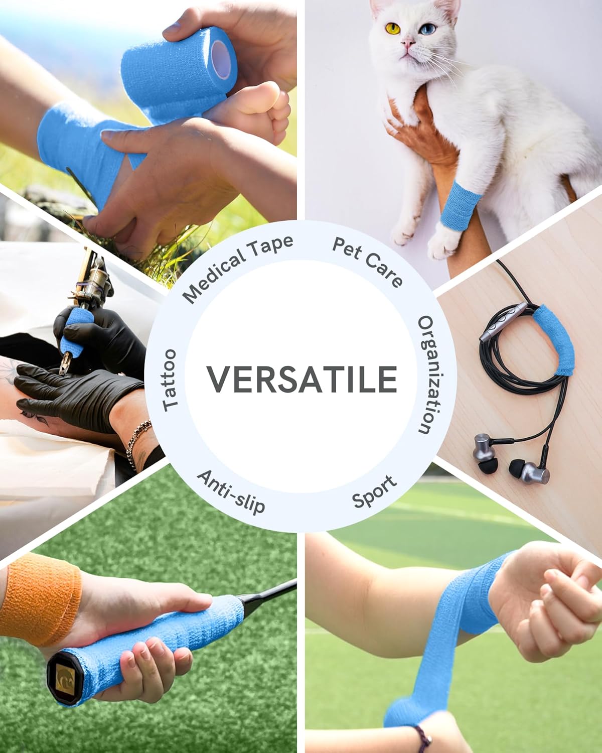 FriCARE Self Adhesive Bandage Wrap, Medical Tape in First Aid Kit, Cohesive Bandages for Wounds Sport Vet, FSA/HSA Eligible, 2 Inches X 5 Yards 6 Rolls, Fluorescent Blue