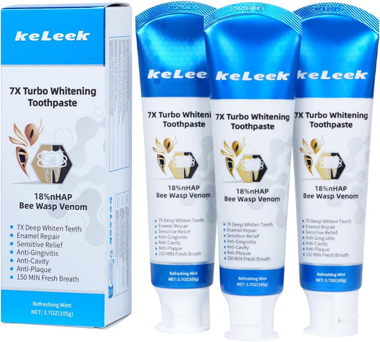 3-Pack 7X Turbo Whitening 18% Nano Hydroxyapatite Bee Wasp Venom Toothpaste for Enamel Repair,Sensitive Relief,Anti-Gingivitis,Anti-Cavity,Anti-Plaque -150 MIN Fresh Breath