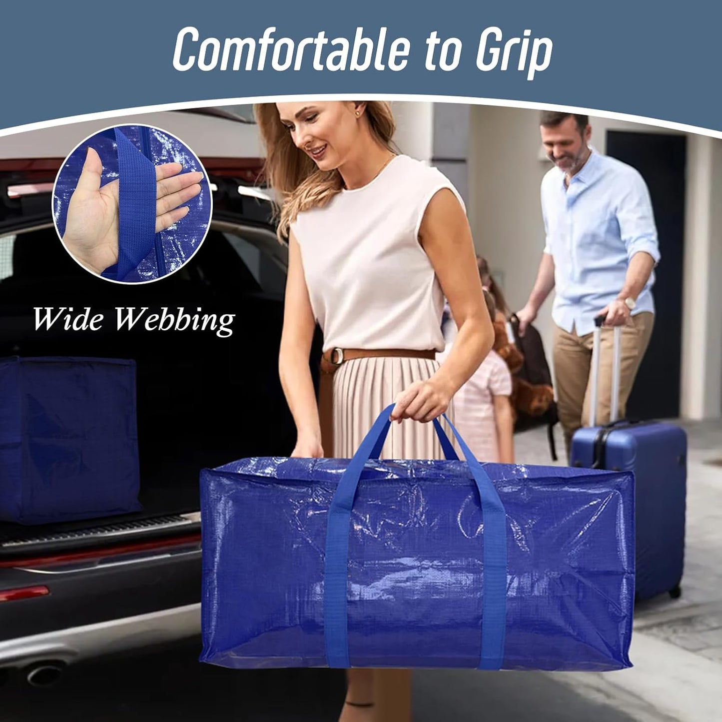 6 Pack Extra Heavy Duty Large Moving Bags with Strong Zipper & Comfortable Handles, Sturdy & Durable Clothes Storage Bags Totes Bins, Packing Moving Boxes for College Supplies, Blue