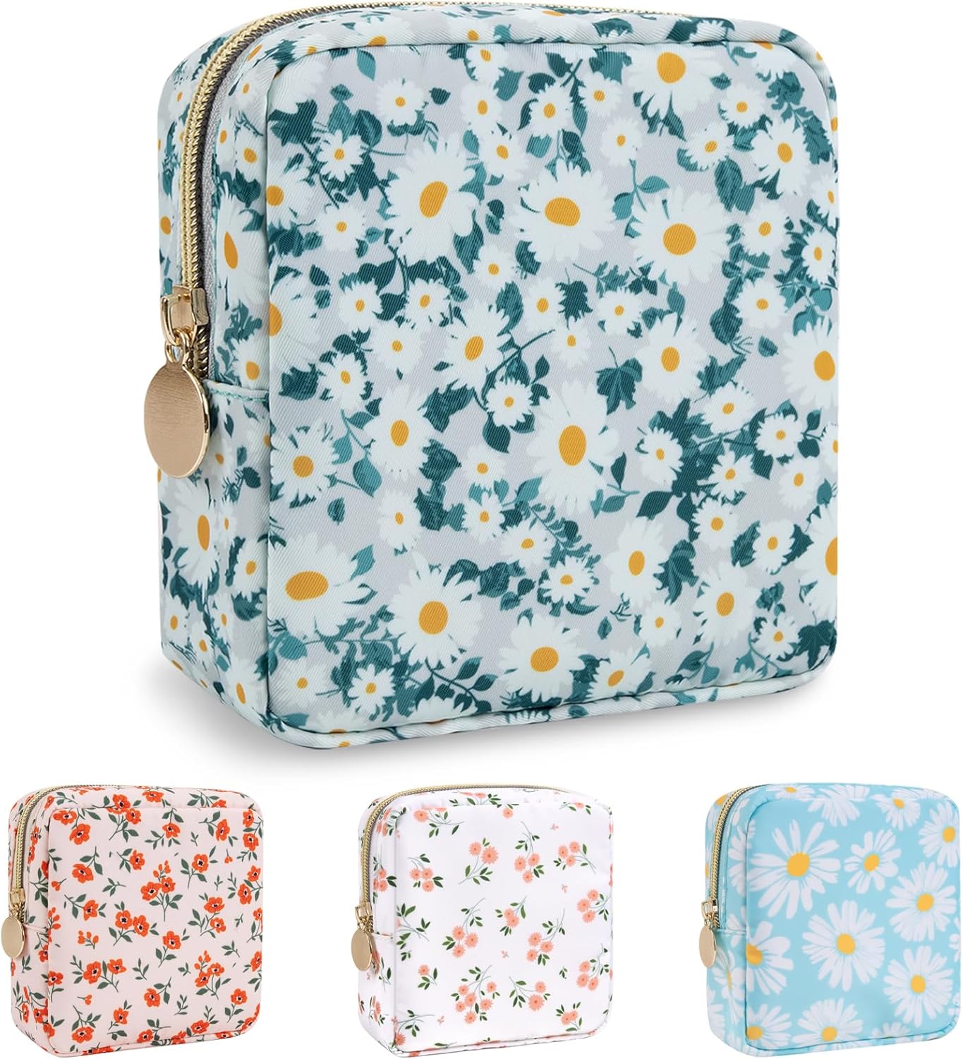 Nylon Mini Floral Makeup Bag for Purse, Small Cute Travel Makeup Bag Preppy Flower Cosmetic Zipper Pouch, Waterproof Coin Pouch Sanitary Napkin Storage Bag Make Up Organizer Set for Women(Green-Daisy)