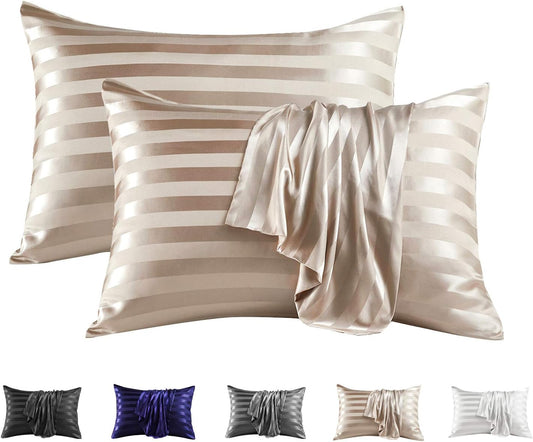 MR&HM Satin Pillowcase for Hair and Skin, Silk Satin Pillowcase 2 Pack, Queen Size Pillow Cases Set of 2, Silky Pillow Cover with Envelope Closure (20x30, Champagne Striped)