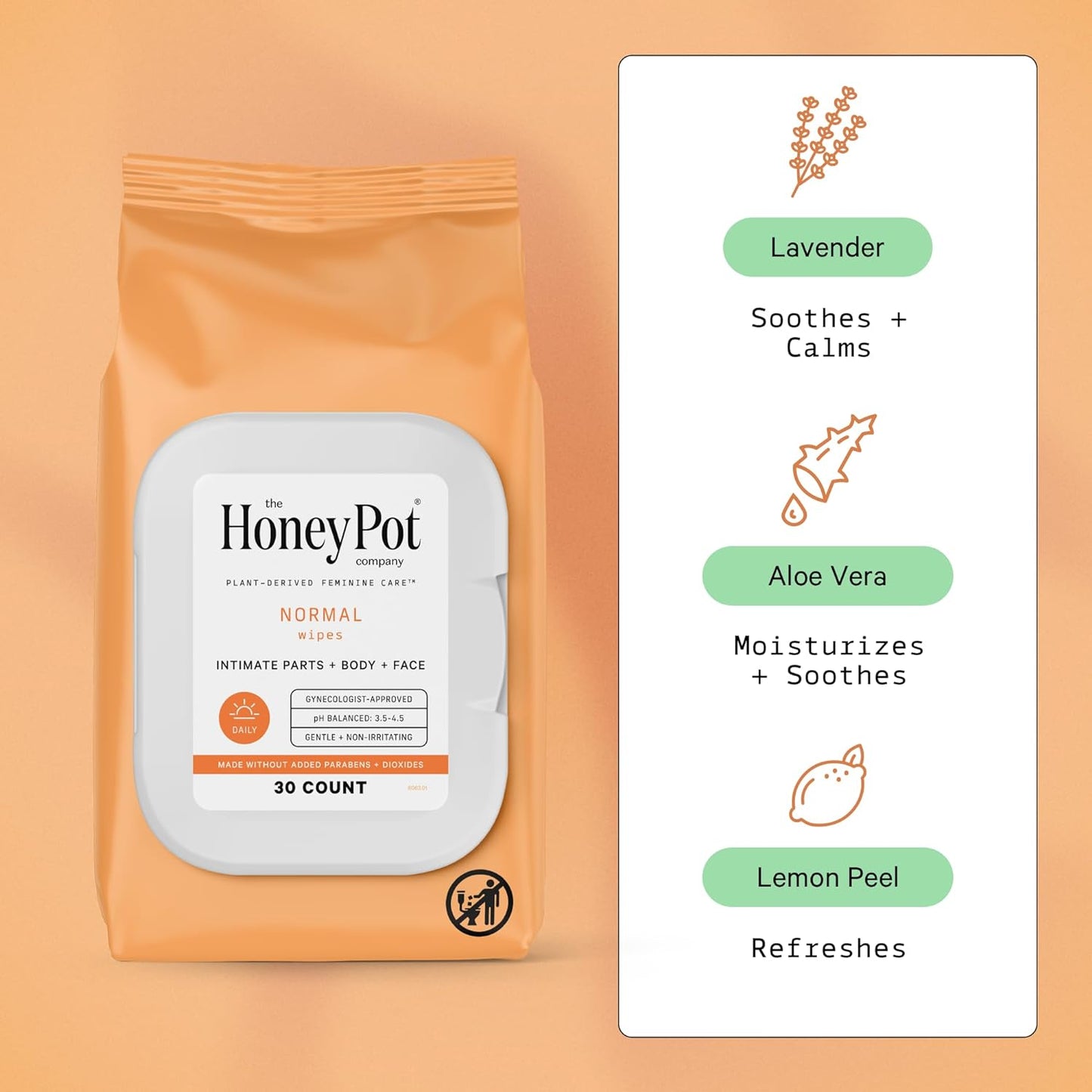 The Honey Pot Company - Feminine Wipes - Daily PH Balancing, Fragrance & Sulfate Free Wipes for Intimate Parts, Body, or Face - Hygiene Products - Normal 30 ct