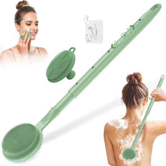 Adjustable Silicone Back & Face Scrubber Set, 16''-24'' Extendable Shower Back Scrubber with Dual-Side Head and Lathering Bristles, Manual Face Scrubber with Soft Bristle Non-Slip Handle(Green)