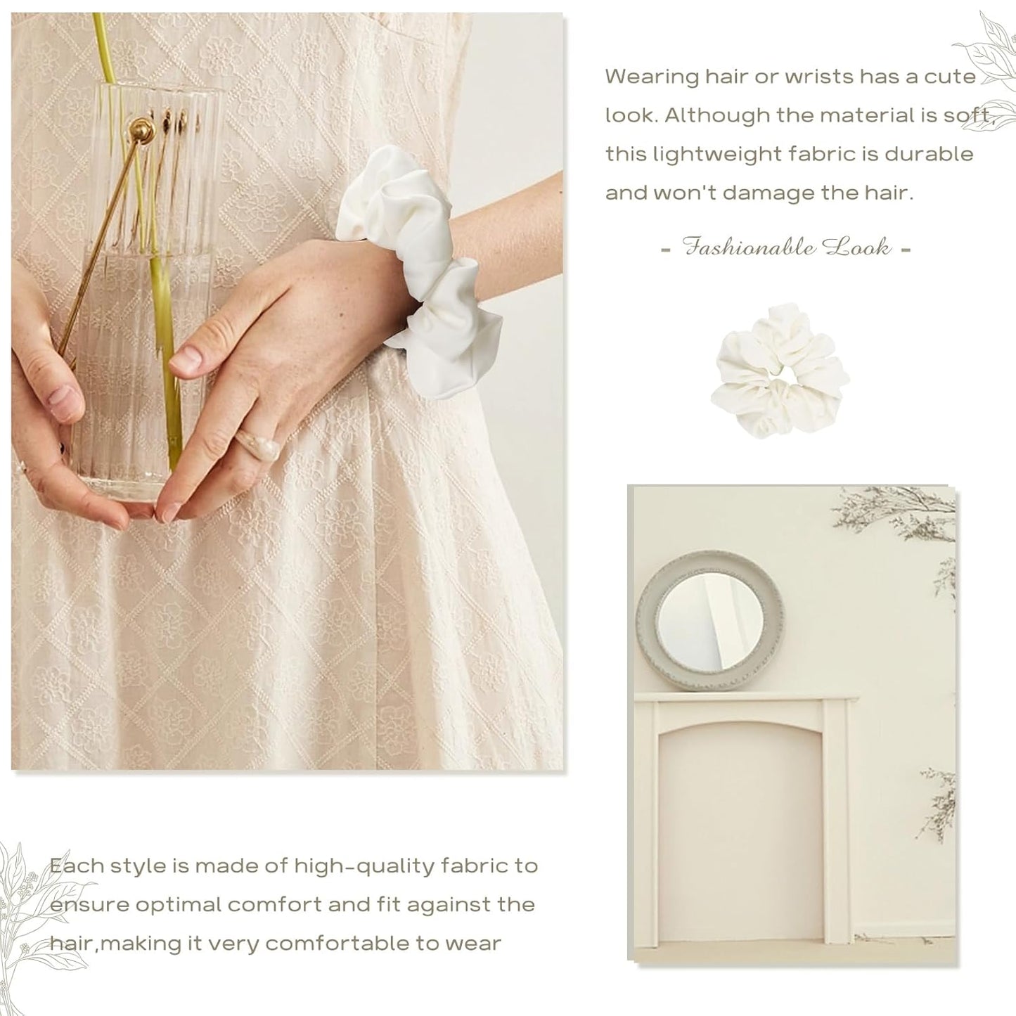 4PCS Large Silk Scrunchies for Women - Hair Elastics Handmade Scrunchie for Thick Hair Girl Hair Ties Ponytail Holders Jumbo Scrunchies (White)