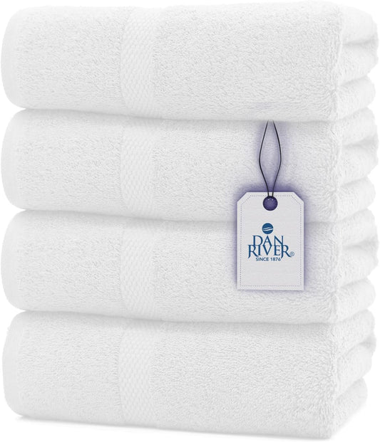 DAN RIVER Bath Towels Set of 4, 27 x 54 Inches, 100% Cotton, Larger & Lighter Weight, Quicker to Dry, Super Soft and Absorbent, Ideal White Towels for Daily Use