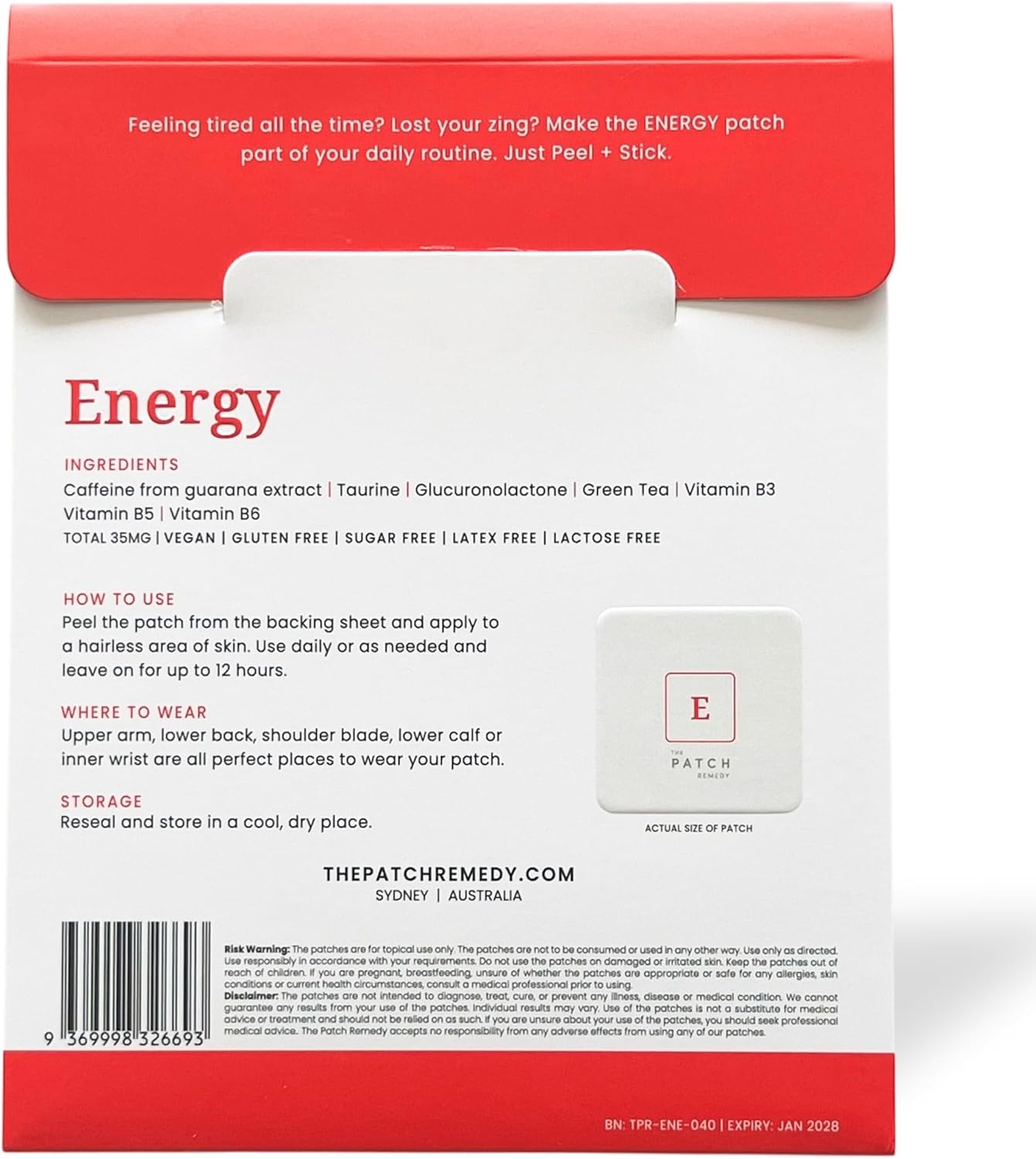 Energy Patch | Guarana, Taurine, Glucuronolactone, Green Tea, B Vitamins | 30 Patches