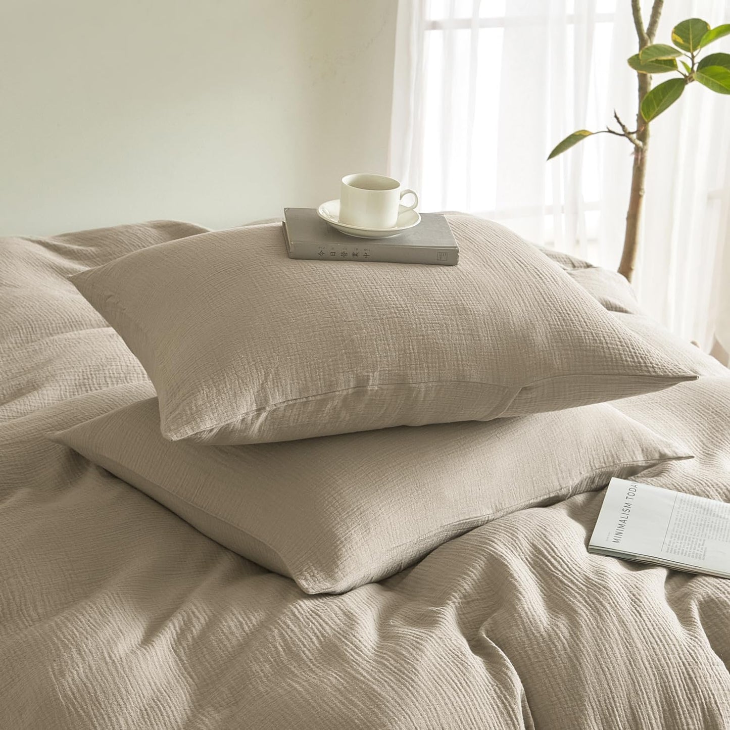 SE SOFTEXLY Muslin Pillowcases Standard Size 100% Cotton, 2 Pack Linen Like Pillow Shams with Envelope Closure, Ultral Soft and Breathable Pillow Case Covers, Beige, 20" X 26", No Filling