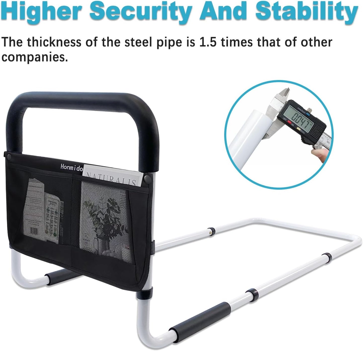 Bed Rails for Elderly Adults Safety Height Adjustable Bed Assist Rail for Seniors Bedside Fall Prevent Grab Bar with Storage Pocket Fits King Queen Full Twin Bed(White)