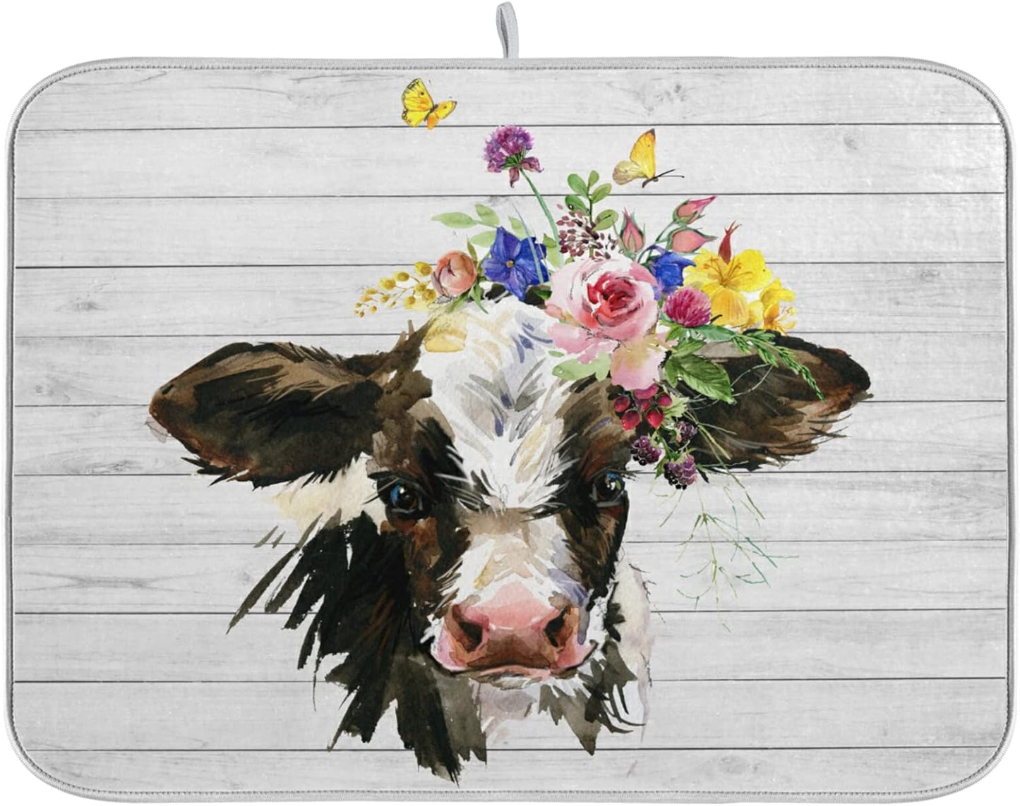 Farmhouse Cow Wood Dish Drying Mat for Kitchen 18x24 inch - Absorbent Microfiber Drainer Rack Fast Dry for Kitchen Counter