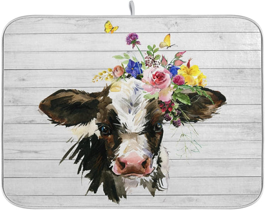 Farmhouse Cow Wood Dish Drying Mat for Kitchen 18x24 inch - Absorbent Microfiber Drainer Rack Fast Dry for Kitchen Counter