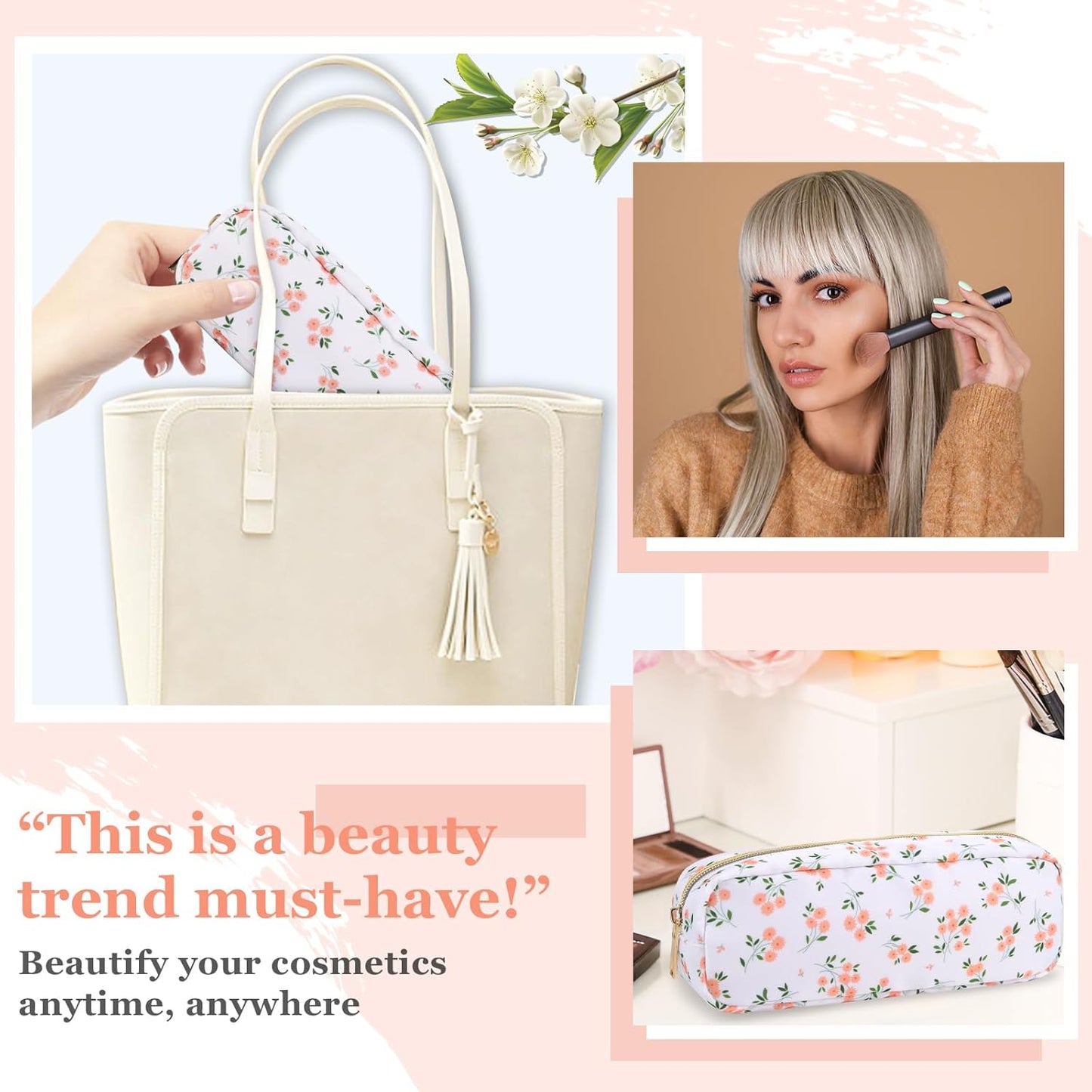izuzta Nylon Small Floral Makeup Bag Slim Pouch, Preppy Cute Makeup Brush Case Bag Cosmetic Zipper Pouch Purse, Waterproof Travel Toiletry Bag Coin Pouch Make Up Organizer Women Girls(White-Floral)