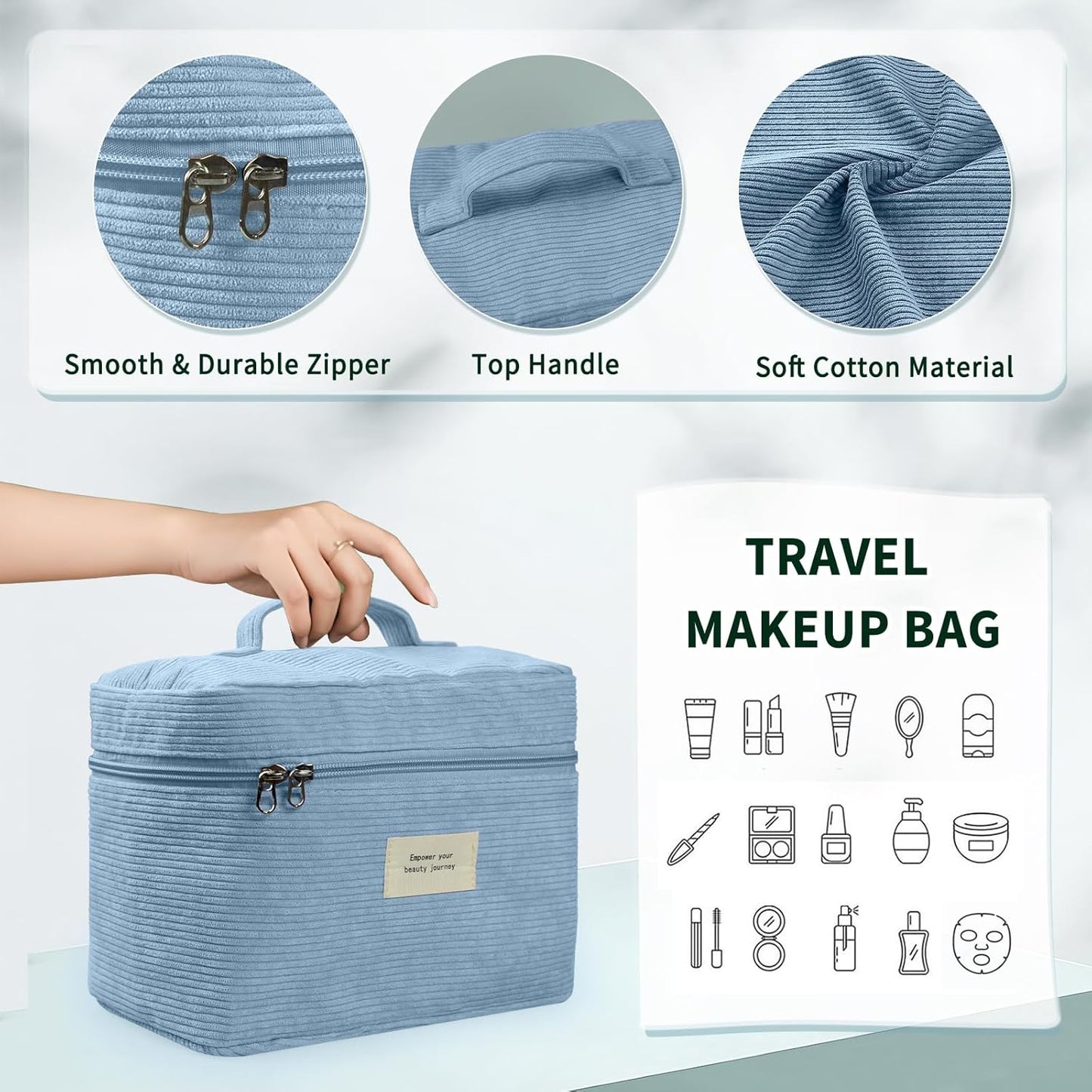 4 Pcs Makeup Bag for Women Corduroy Cosmetic Bag Aesthetic Cute Bags Multi Size Purse Pouch Travel Toiletry Bag Set Makeup Organizer with Zipper (07-Blue)