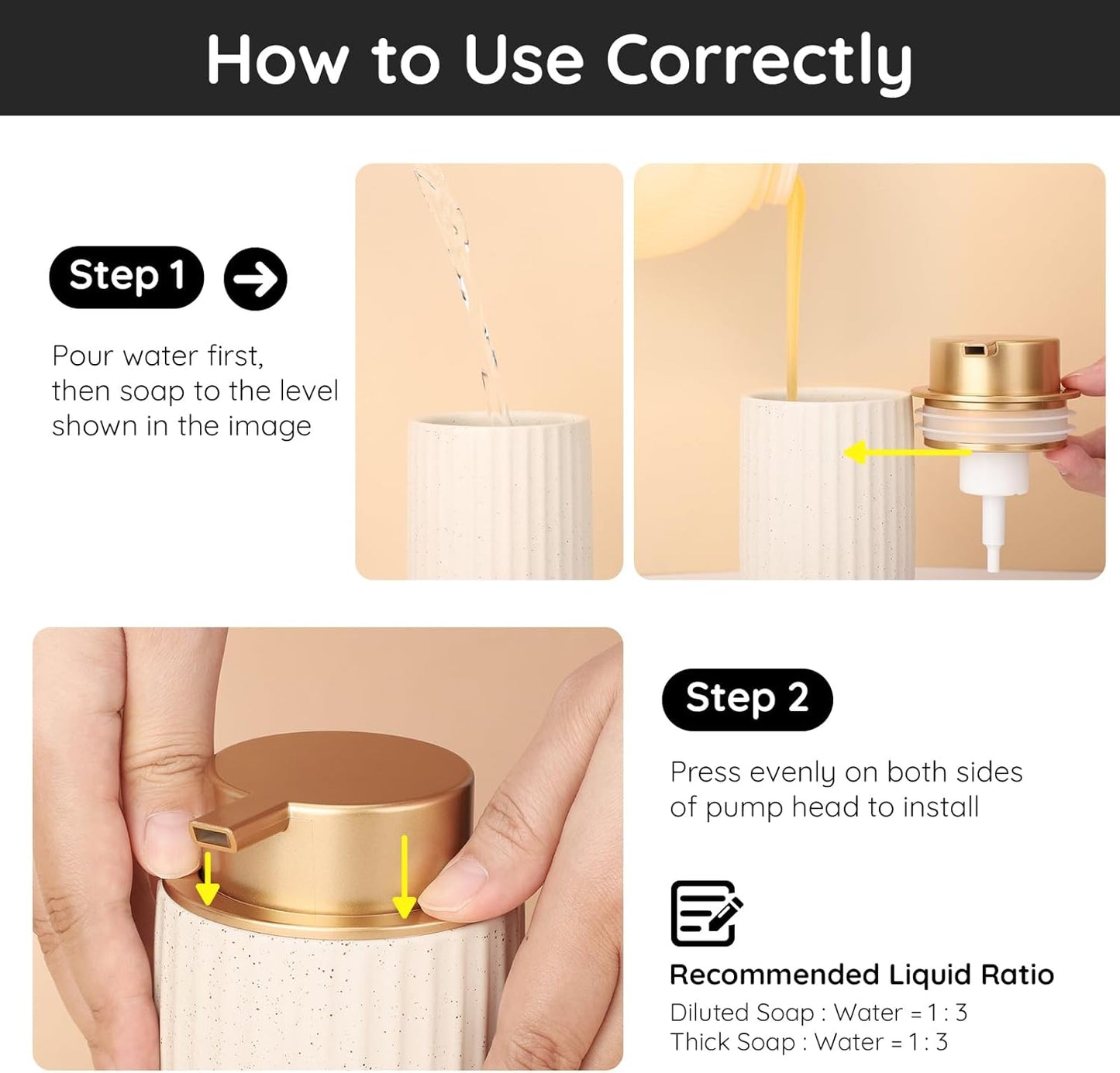 Segbeauty 2pcs Gold Foam Soap Dispenser Pump Head Lid, Foaming Hand Soap Dispenser Pump Replacement for Bathroom Ceramic Shampoo Bottle, Pumps for Kitchen Dish Wash Bottles, Hand Wash Lid Replacement