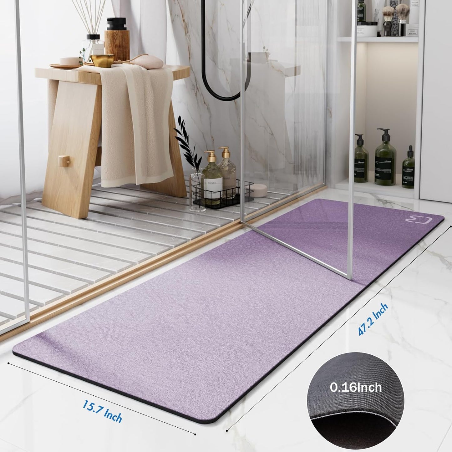 Lavender Diatomaceous Earth Bath Mat 15.7"x47.2" Extra Long Bathroom Mat Large Fast Dry Super Absorbent Non-Slip Rubber Backed Shower Mat Bath Rugs Mats for Bathroom Floor, Tub, Shower, Sink
