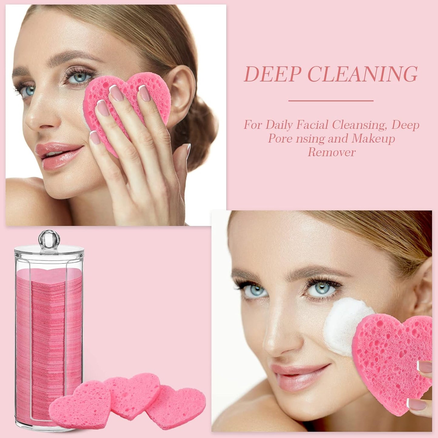 Sieral 120 Pcs Compressed Facial Sponges with Container Disposable Face Sponge Pads for Washing Face Cleansing Exfoliating Esthetician Makeup Removal(Heart,Pink)