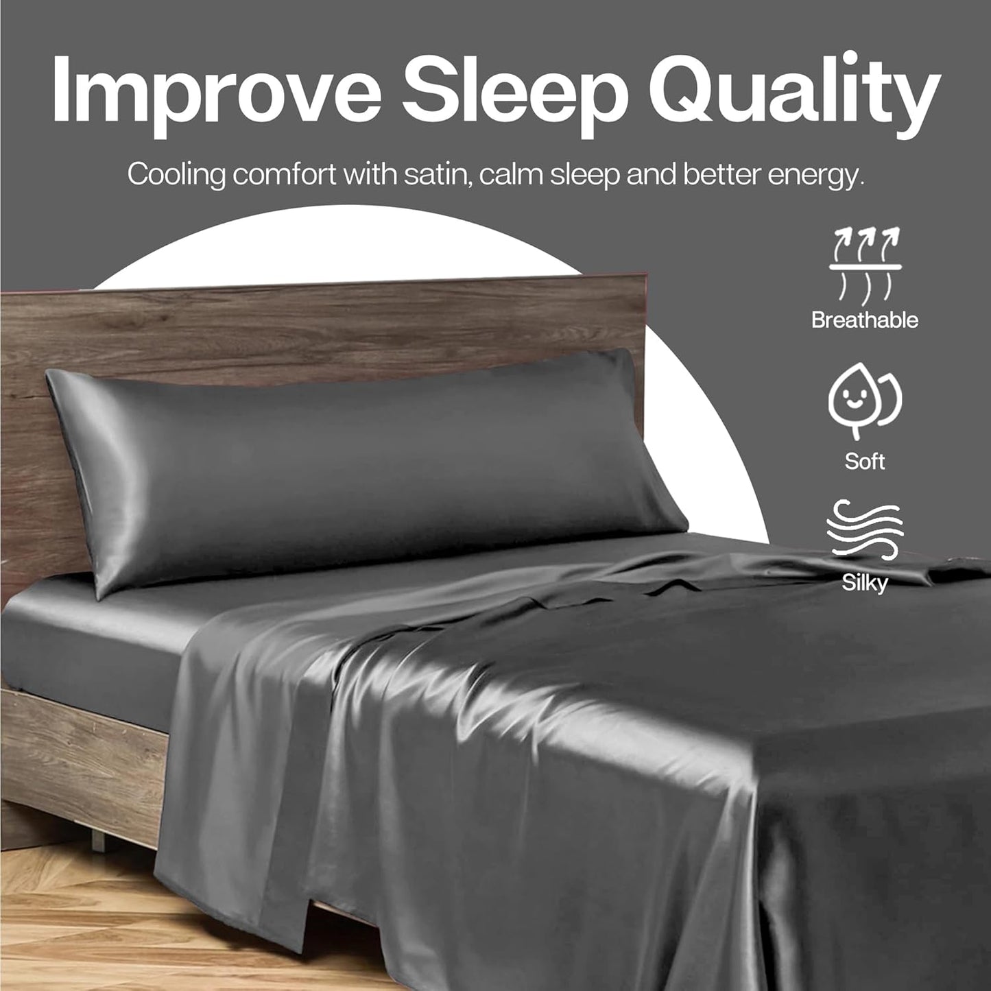 MR&HM Satin Body Pillow Cover, Soft and Breathable Body Pillow Case with Envelope Closure, Cooling and Silky Long Pillowcase for Hair and Skin,Grey (20x54, Dark Grey)