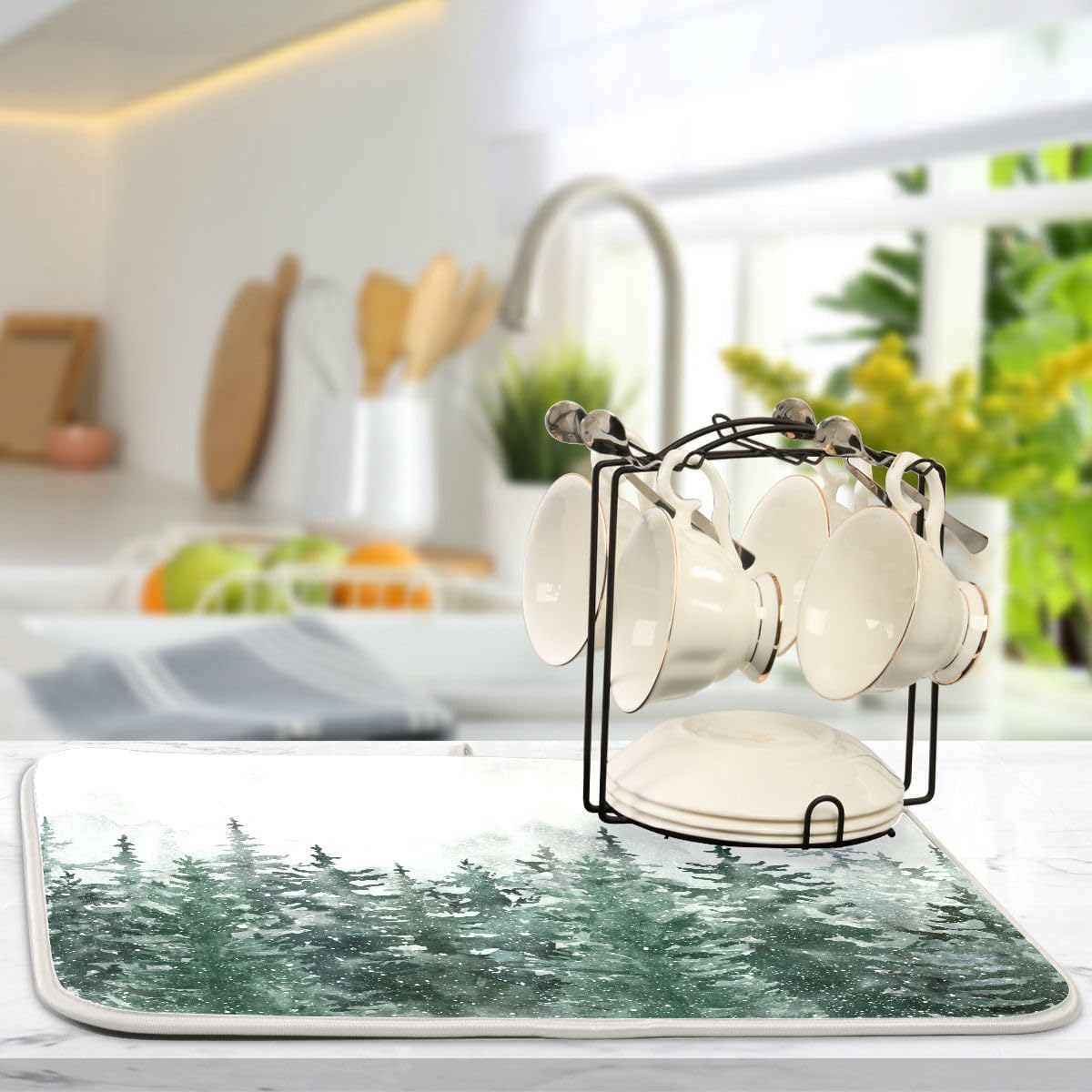 Winter Forest Scenery Dish Drying Mat for Kitchen Christmas Tree Snow Xmas Microfiber Drying Mats Absorbent Reversible Dish Pad Large Dish Draining Mat 18x24 inch