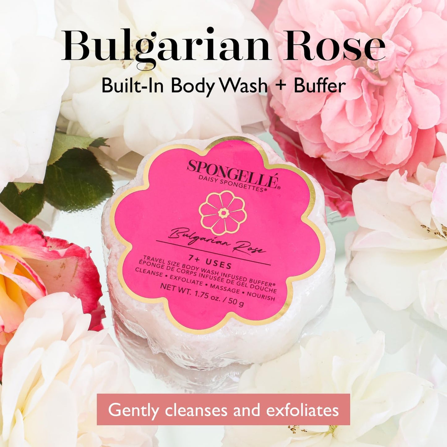 Spongelle Daisy Spongette Bulgarian Rose Wild Flower Buffer Body Scrubber | Bath & Shower Loofah for Women | Exfoliator with Body Wash Infused Sponge | 14+ uses