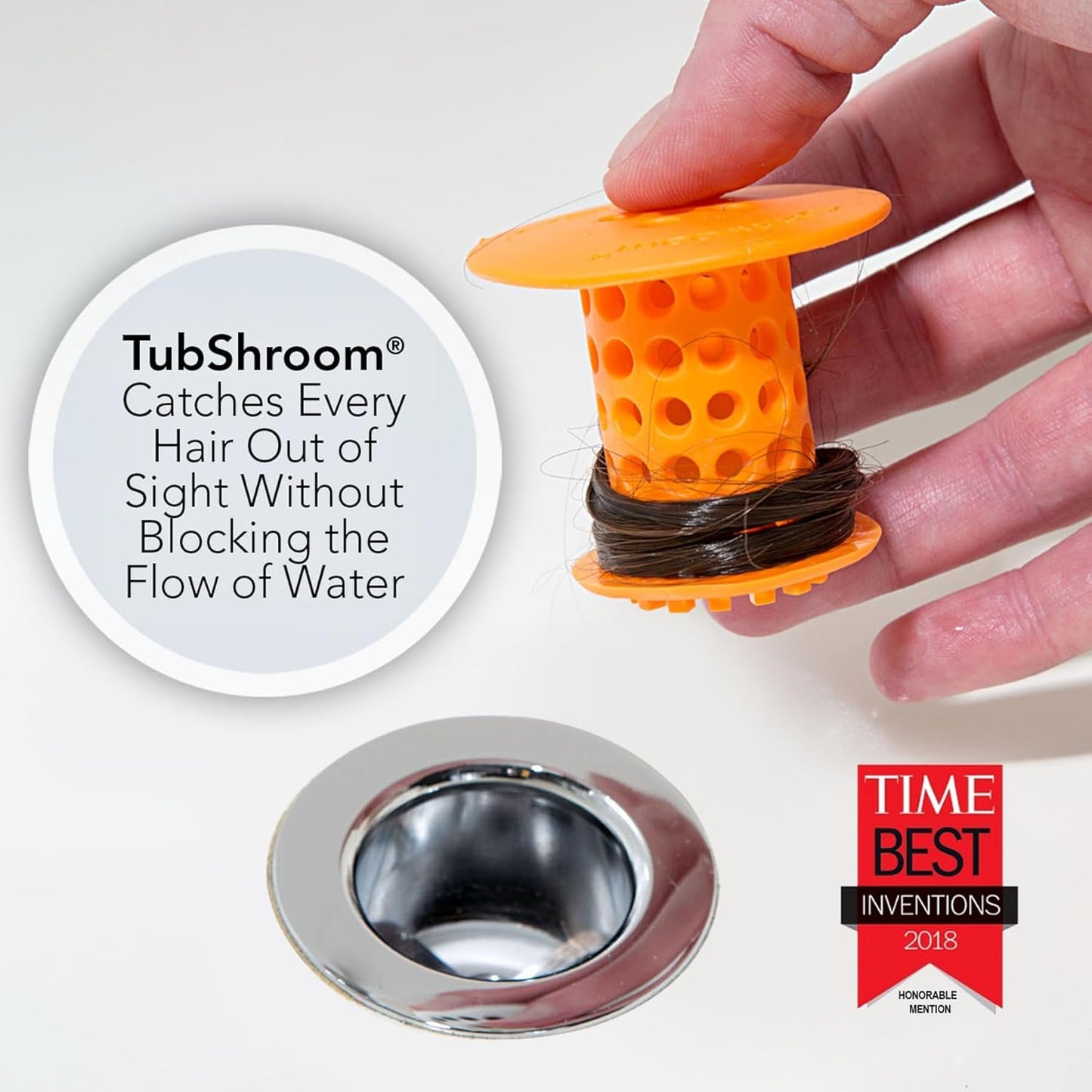 TubShroom Tub Hair Catcher Protector, Fits 1.5" - 1.75" Drain, Orange