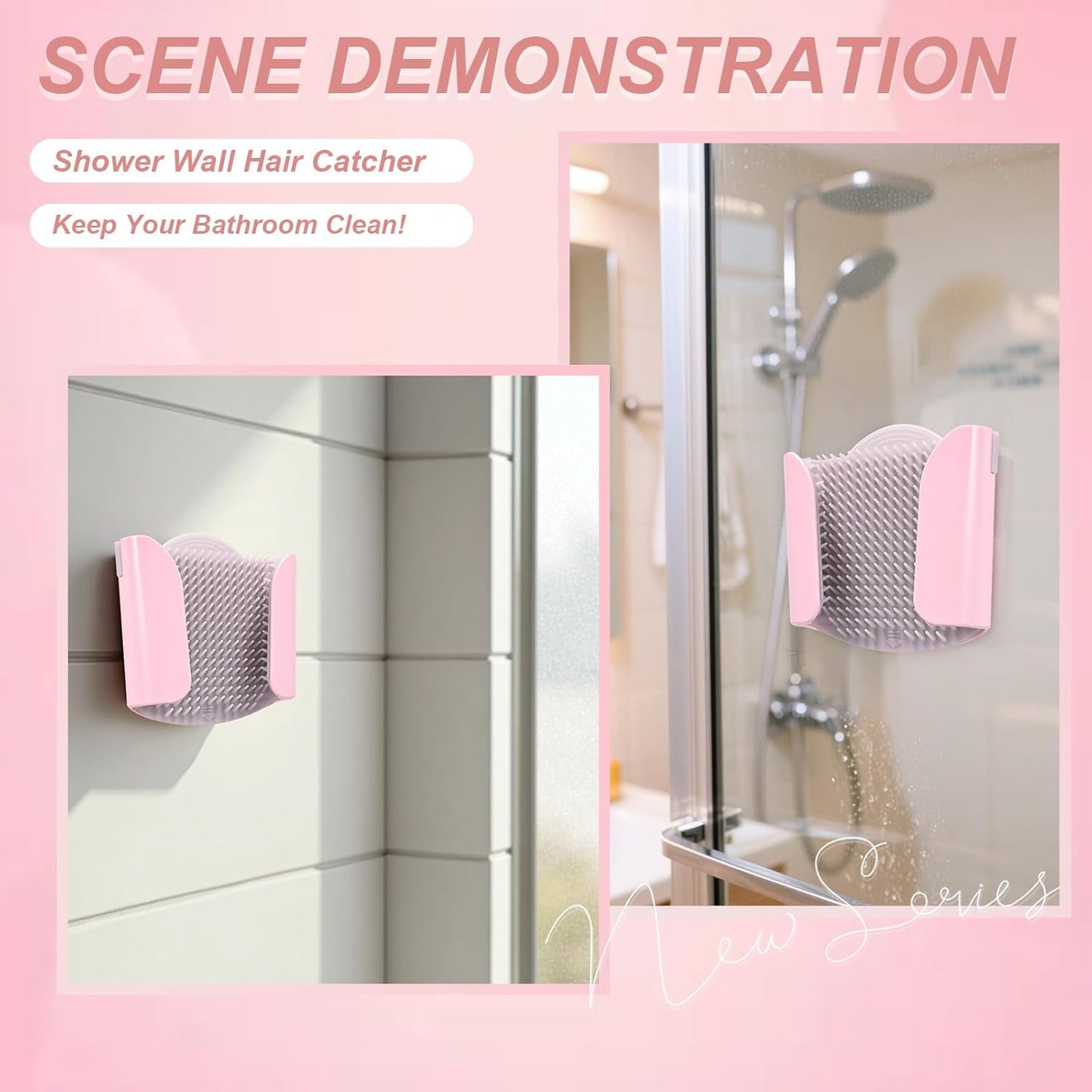 Shower Wall Hair Catcher - Reusable Hair Trap for Drain Protector, Hair Collector with Silicone Bristle, Shower Drain Hair Catcher for Bathroom Bathtub, Easy to Clean & Detachable, Pink