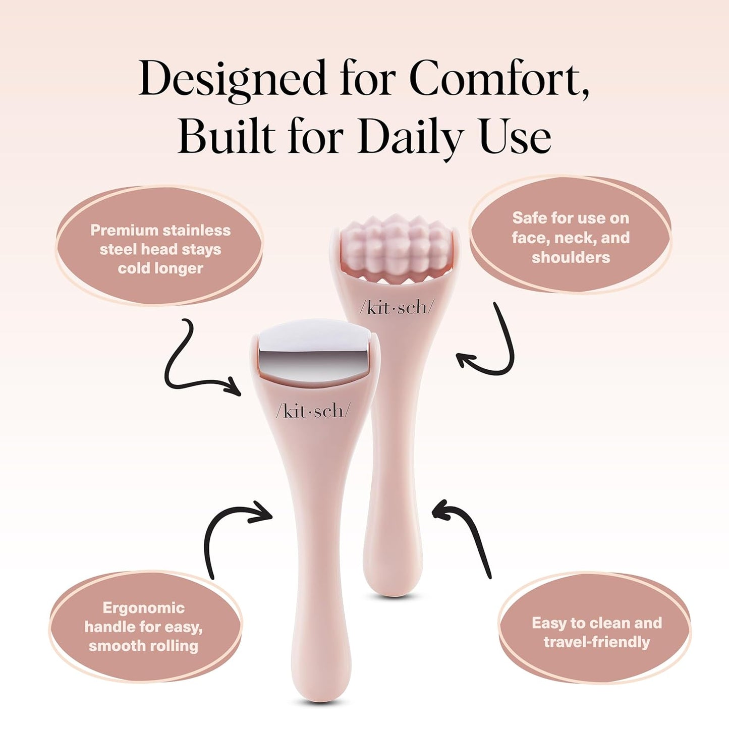 Kitsch Mini Facial Roller & Ice Face Roller Skin Care Tool Set for Women - Face Massager for Puffy Eyes, Cold Therapy, Lymphatic Drainage Massager, Self Care Gifts for Women & Men - Blush